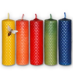 Vela de panal 13 x 3 cm. Amarillo, rojo, verde naranja y azul.