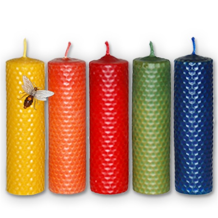 Vela de panal 13 x 3 cm. Amarillo, rojo, verde naranja y azul.