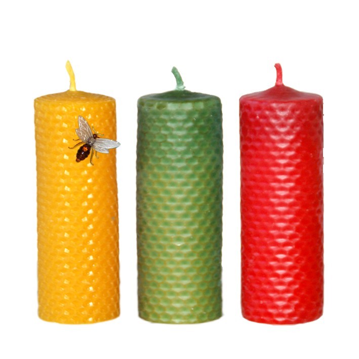 Vela de panal 13 x 4 cm. Amarillo, rojo, verde.
